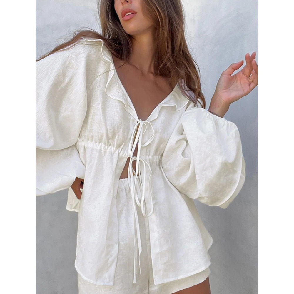 Womens Ruffle Collar Tie Front Blouse Fairytail Romantic Cottage Folk Style
